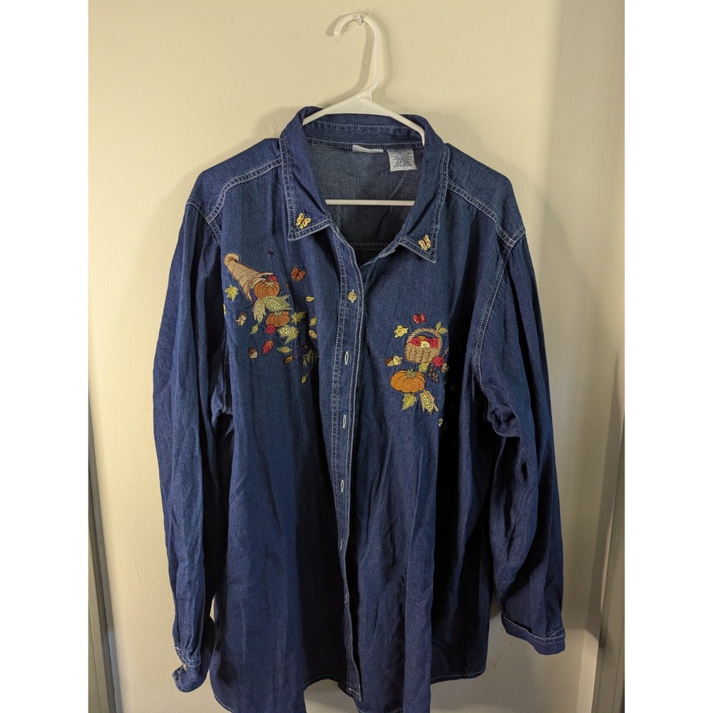 Vintage Fall Pumpkin Cornucopia Apple Basket Denim Shirt Bobbie Brooks Woman